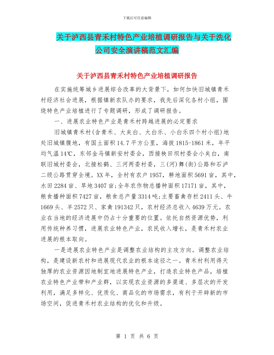 关于泸西县青禾村特色产业培植调研报告与关于洗化公司安全演讲稿范文汇编_第1页