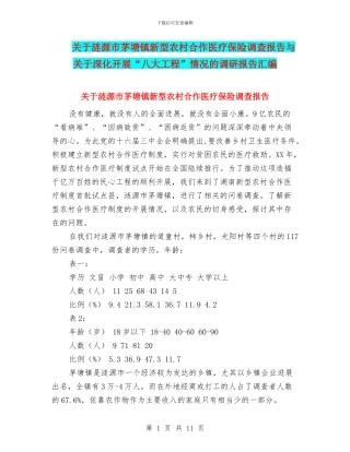 关于涟源市茅塘镇新型农村合作医疗保险调查报告与关于深入开展“八大工程”情况的调研报告汇编