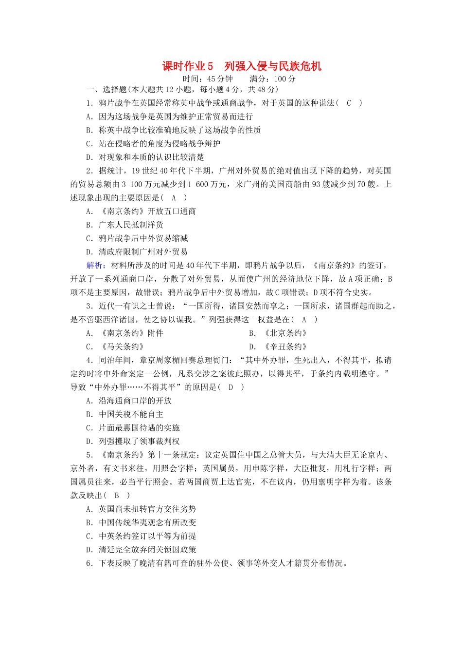 高中历史 专题二 近代中国维护国家主权的斗争 2.1 列强入侵与民族危机课时作业（含解析）人民版必修1-人民版高一必修1历史试题_第1页