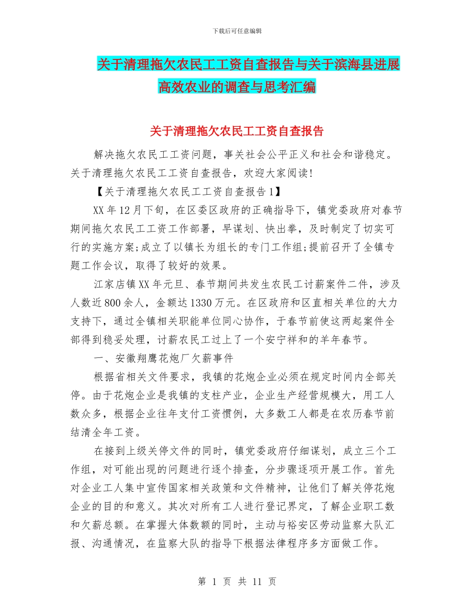 关于清理拖欠农民工工资自查报告与关于滨海县发展高效农业的调查与思考汇编_第1页