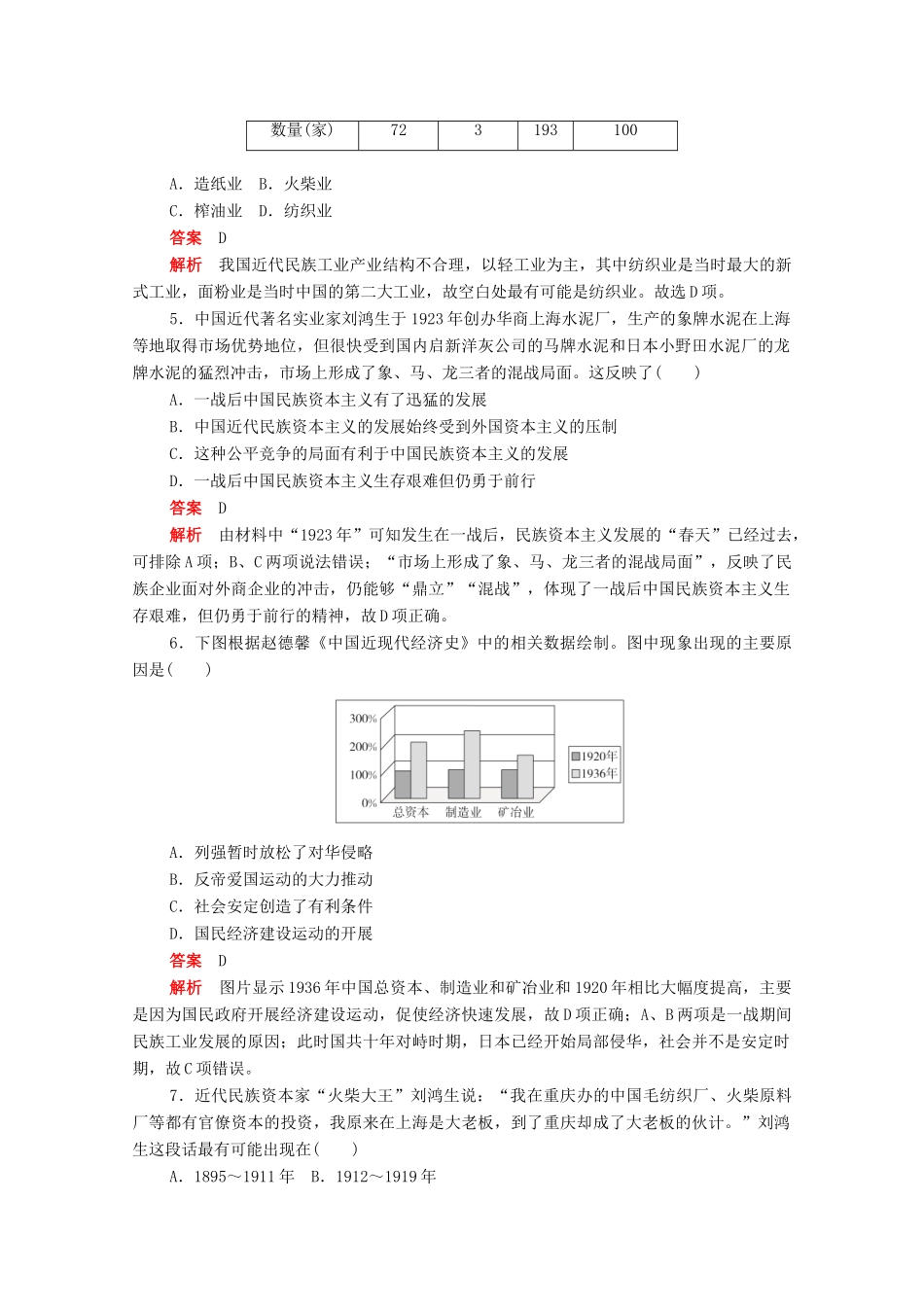 高中历史 第三单元 近代中国经济结构的变动与资本主义的曲折发展 第10课 中国民族资本主义的曲折发展练习（含解析）新人教版必修2-新人教版高一必修2历史试题_第2页