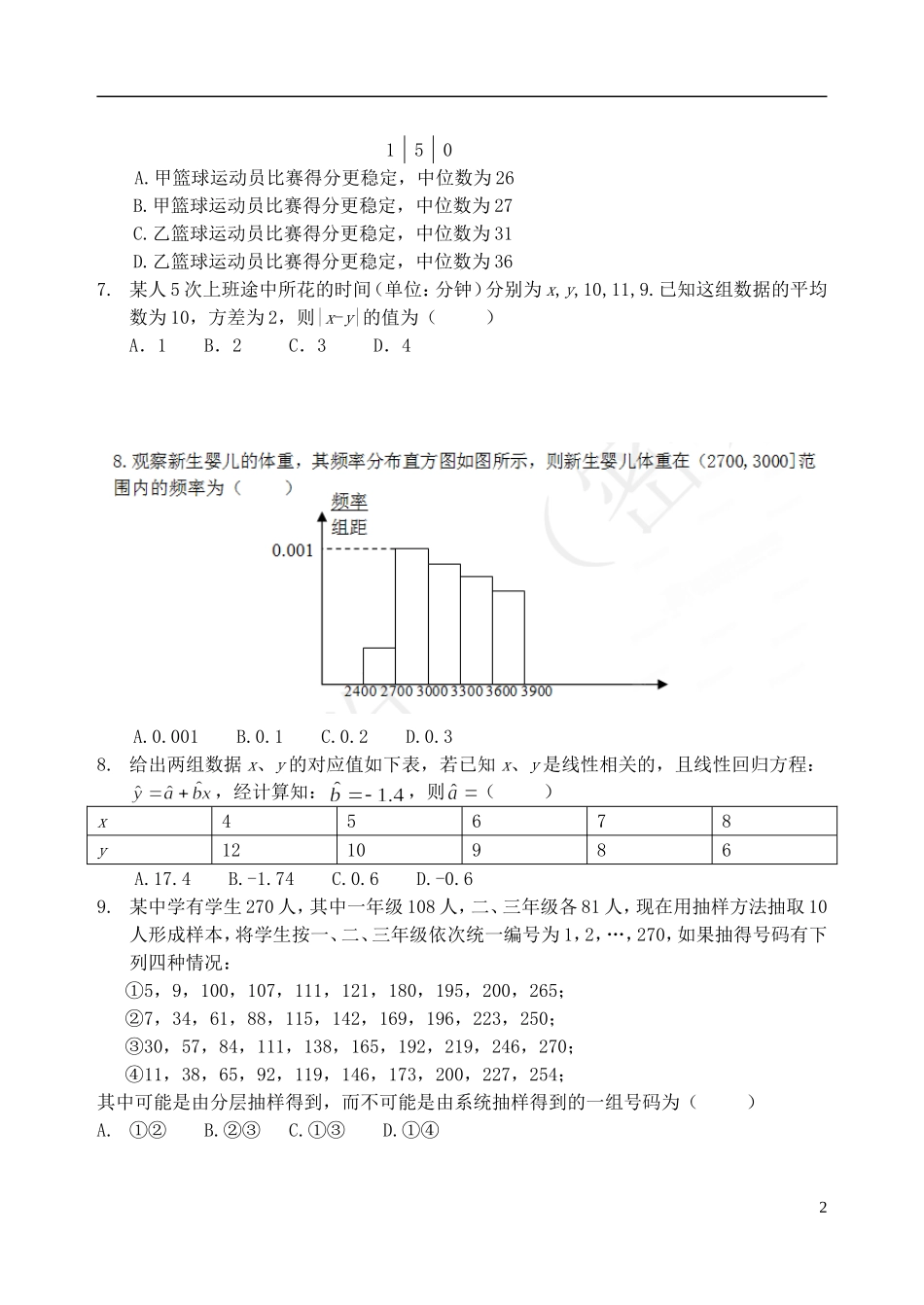 吉林省东北师范大学附属中学高中数学 2.3.4第二章统计复习小结测试 文 新人教A版必修3 _第2页