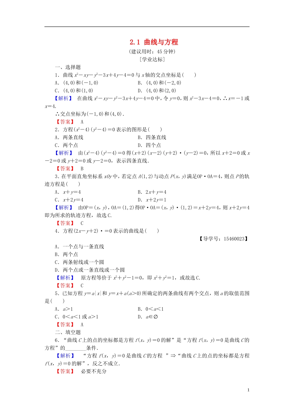 高中数学 第二章 圆锥曲线与方程 2.1 曲线与方程学业分层测评 新人教B版选修2-1-新人教B版高二选修2-1数学试题_第1页