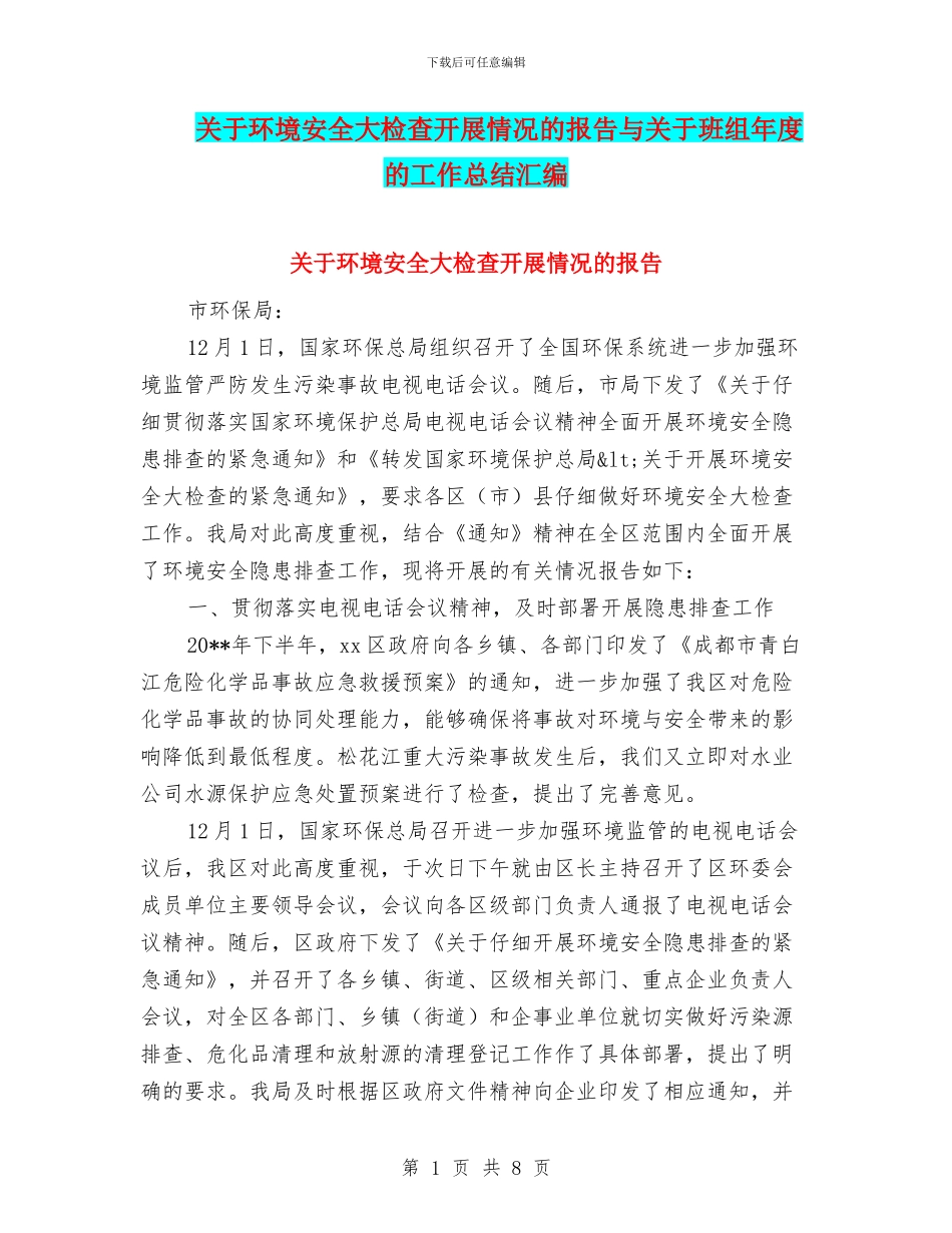关于环境安全大检查开展情况的报告与关于班组年度的工作总结汇编_第1页