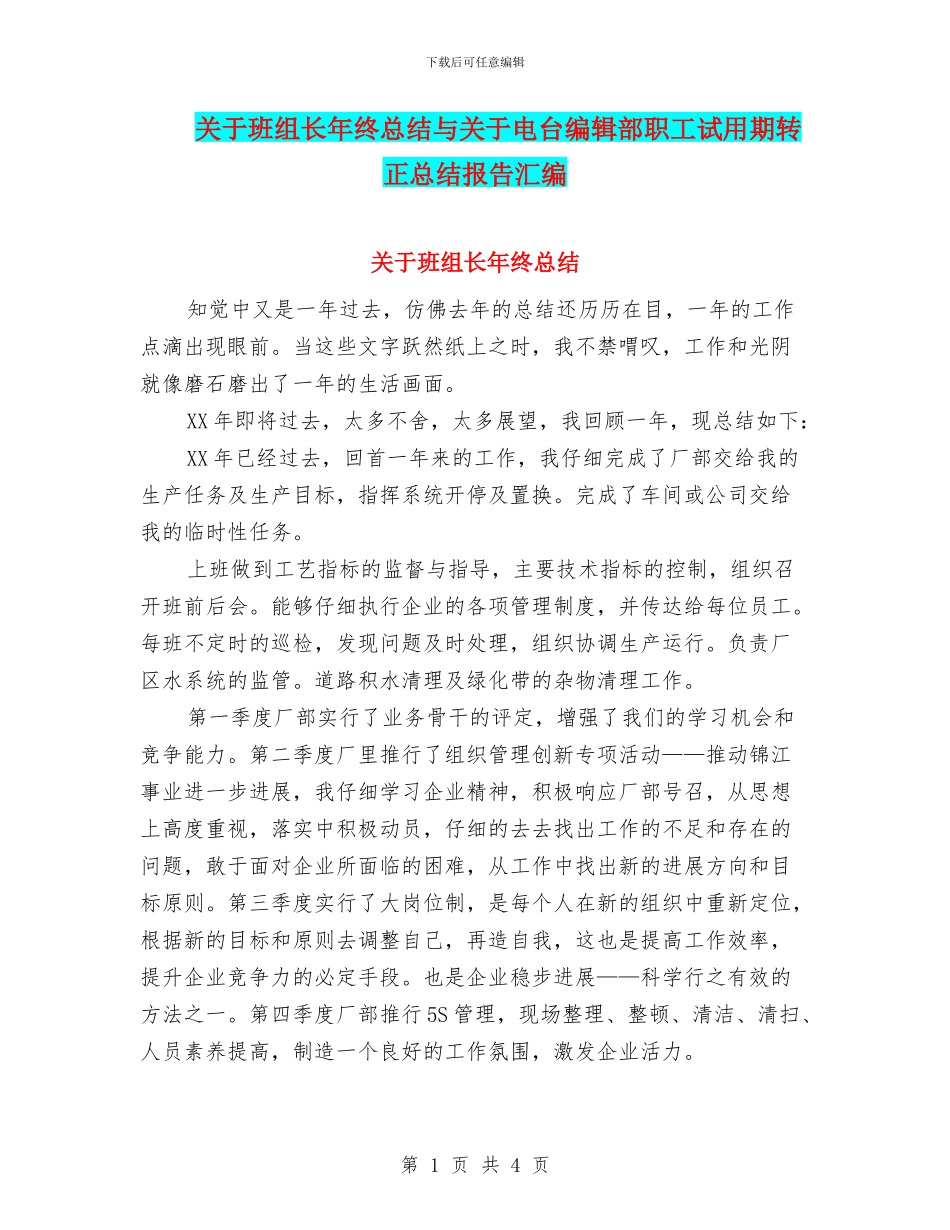 关于班组长年终总结与关于电台编辑部职工试用期转正总结报告汇编_第1页