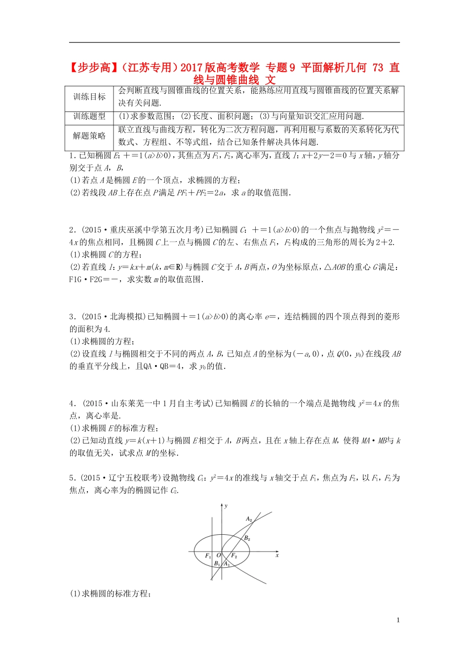 （江苏专用）高考数学 专题9 平面解析几何 73 直线与圆锥曲线 文-人教版高三全册数学试题_第1页