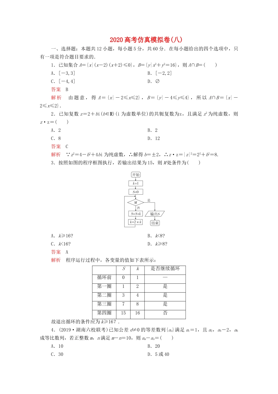 高考数学大二轮复习 刷题首选卷 第三部分 刷模拟 高考仿真模拟卷（八）理-人教版高三全册数学试题_第1页