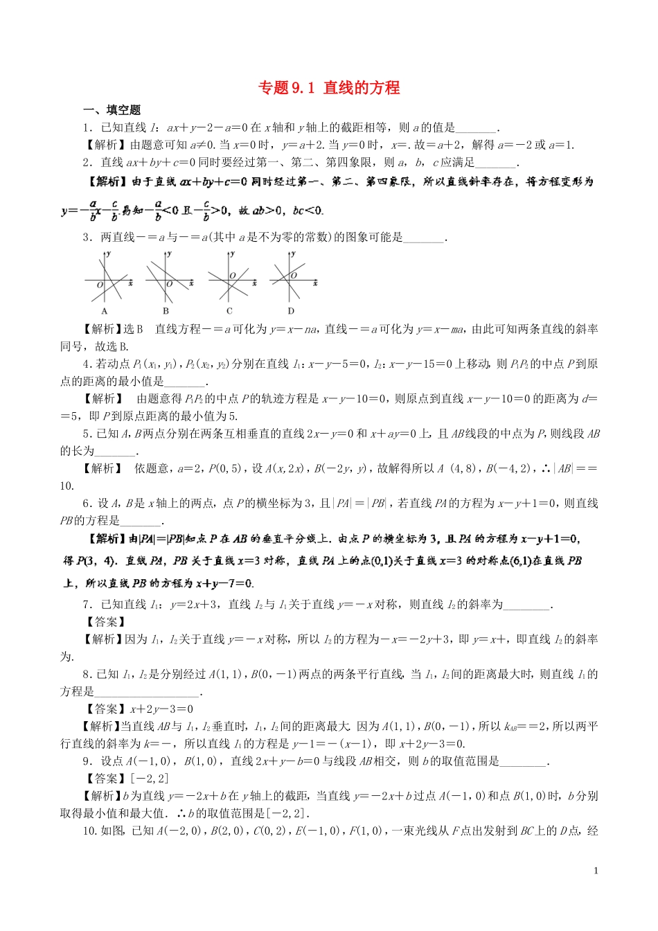 （江苏版）高考数学一轮复习 专题9.1 直线的方程（测）-人教版高三全册数学试题_第1页