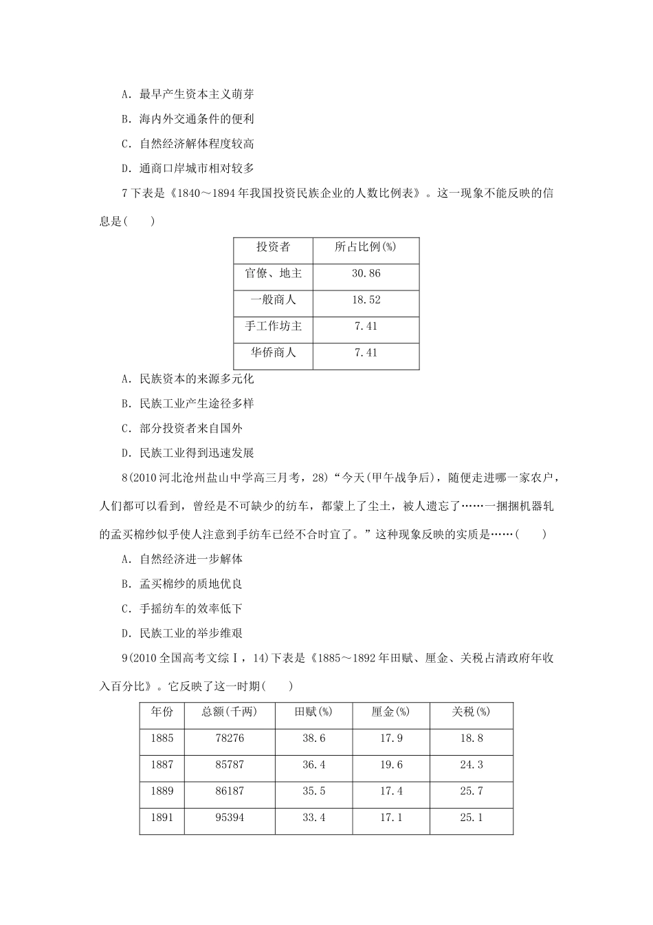 高中历史 专题二 近代中国资本主义的曲折发展 一 近代中国民族工业的兴起自我小测 人民版必修2-人民版高一必修2历史试题_第2页
