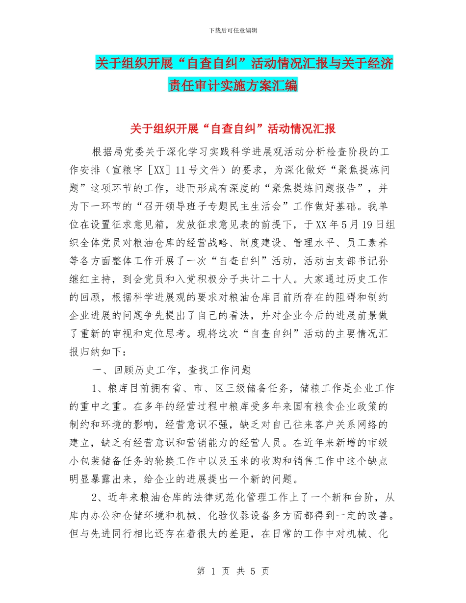 关于组织开展“自查自纠”活动情况汇报与关于经济责任审计实施方案汇编_第1页
