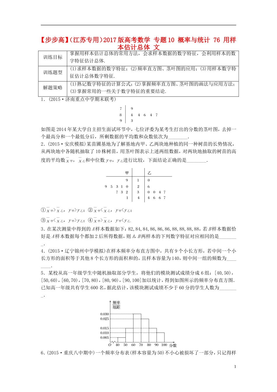（江苏专用）高考数学 专题10 概率与统计 76 用样本估计总体 文-人教版高三全册数学试题_第1页