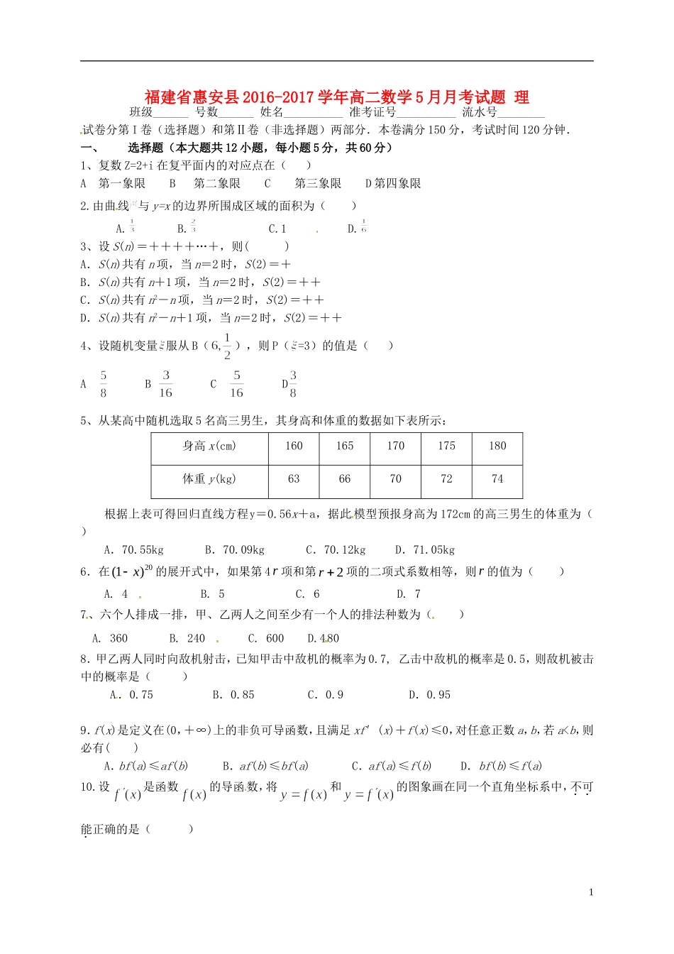 福建省惠安县高二数学5月月考试题 理-人教版高二全册数学试题_第1页