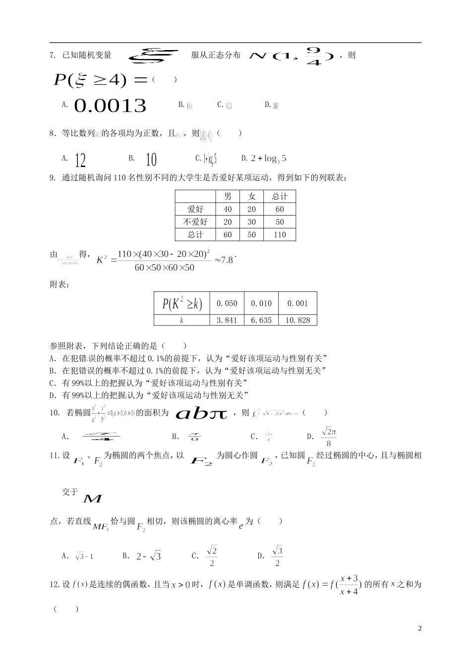 高二数学下学期第二次阶段考试试题 理-人教版高二全册数学试题_第2页