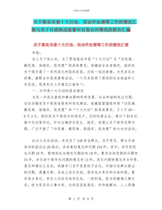 关于落实市委十大行动、信访件处理等工作的情况汇报与关于行政执法监督年自查自纠情况的报告汇编