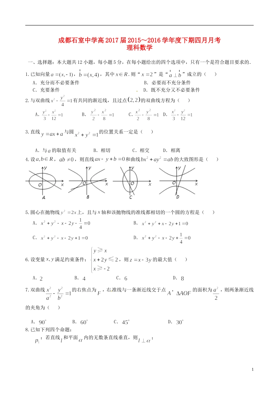 高二数学4月月考试题 理-人教版高二全册数学试题_第1页