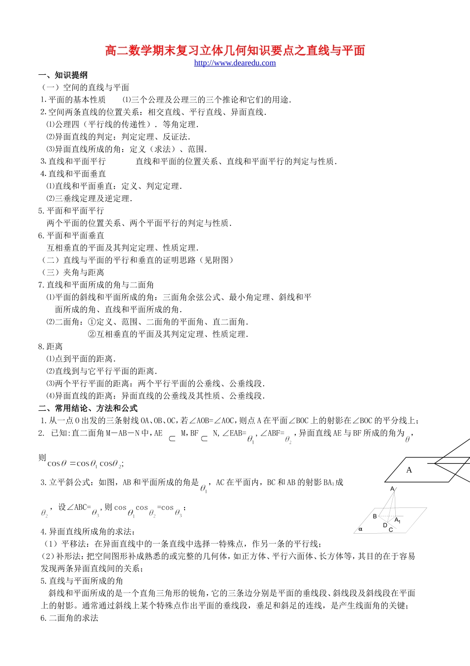 高二数学期末复习立体几何知识要点之直线与平面 新课标 人教版_第1页