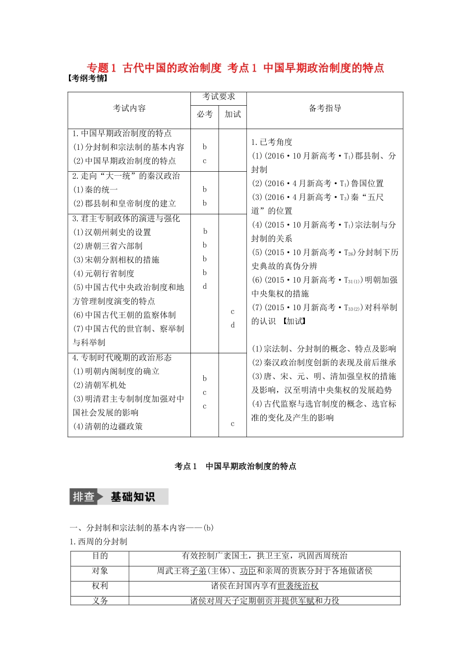 （浙江选考）高考历史总复习 专题1 古代中国的政治制度 考点1 中国早期政治制度的特点-人教版高三全册历史试题_第1页