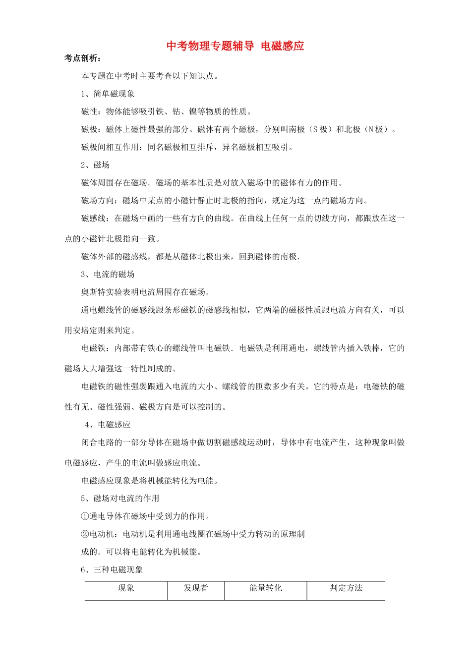 中考物理专题辅导 电磁感应 人教版试卷_第1页