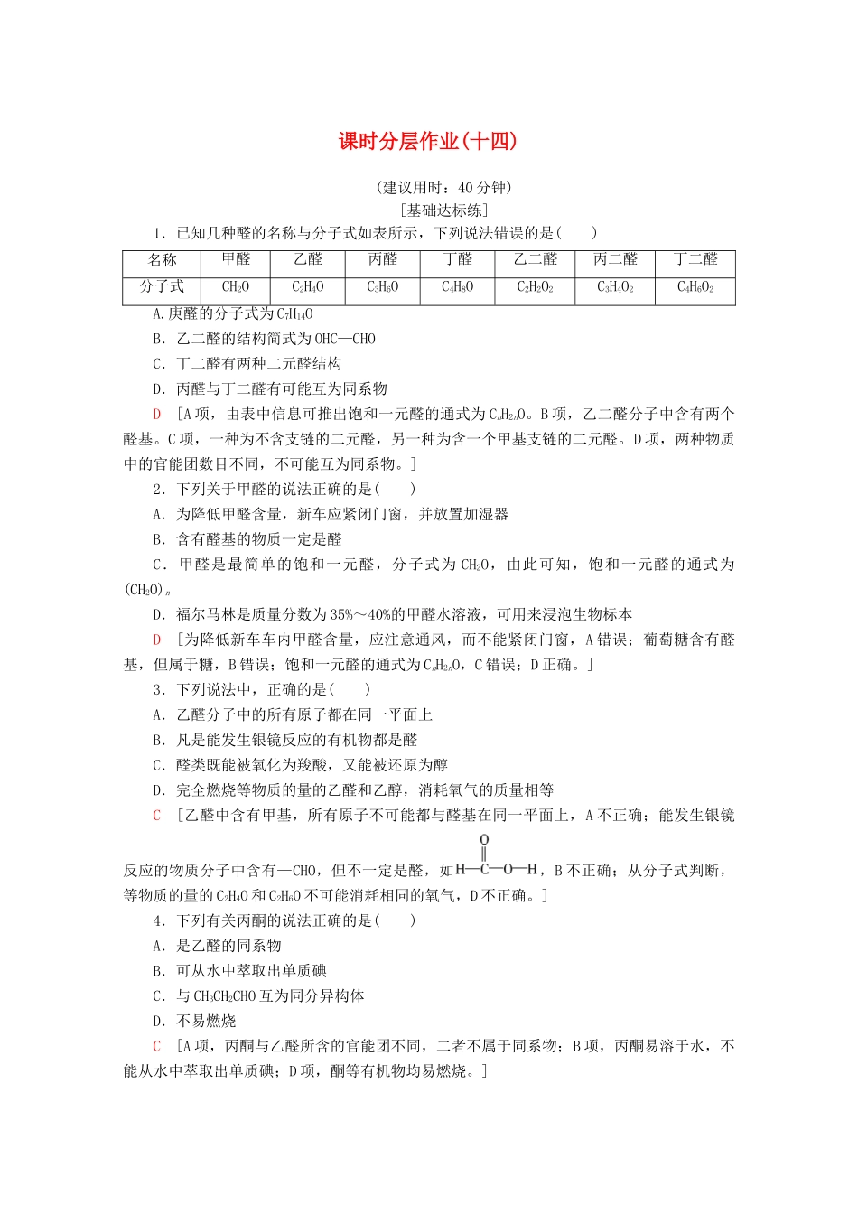 高中化学 课时分层作业14 醛的性质和应用（含解析）苏教版选修5-苏教版高二选修5化学试题_第1页