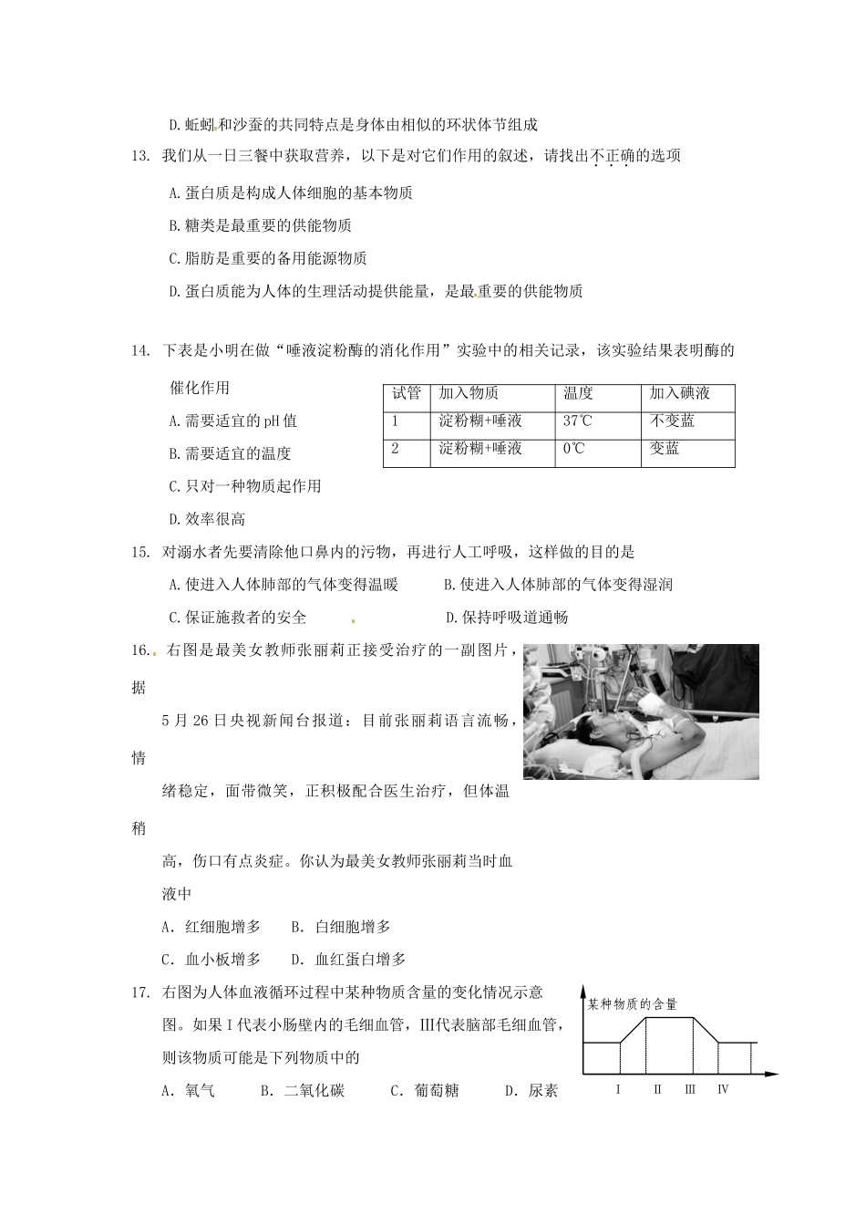 初中生物学业水平阶段性调研测试(一模)试题(无答案) 试题_第3页