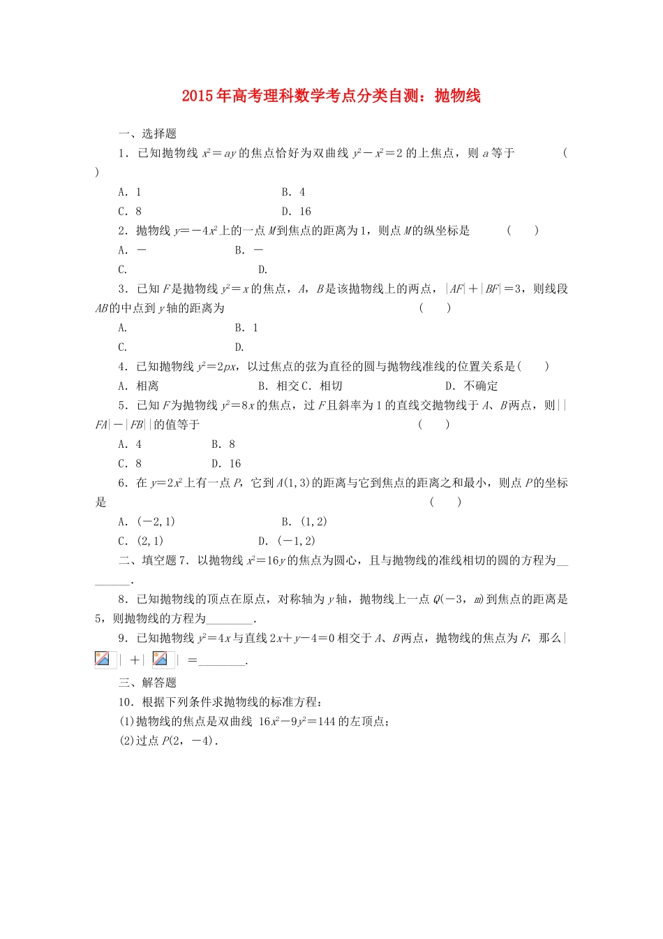 高考数学考点分类自测 抛物线 理-人教版高三全册数学试题_第1页