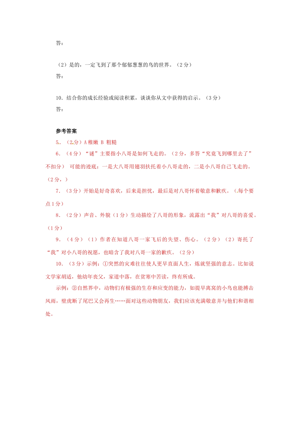 山东省文登市中考语文复习 现代文阅读分类汇编散文部分 一窠①八哥的谜 人教新课标版试卷_第3页