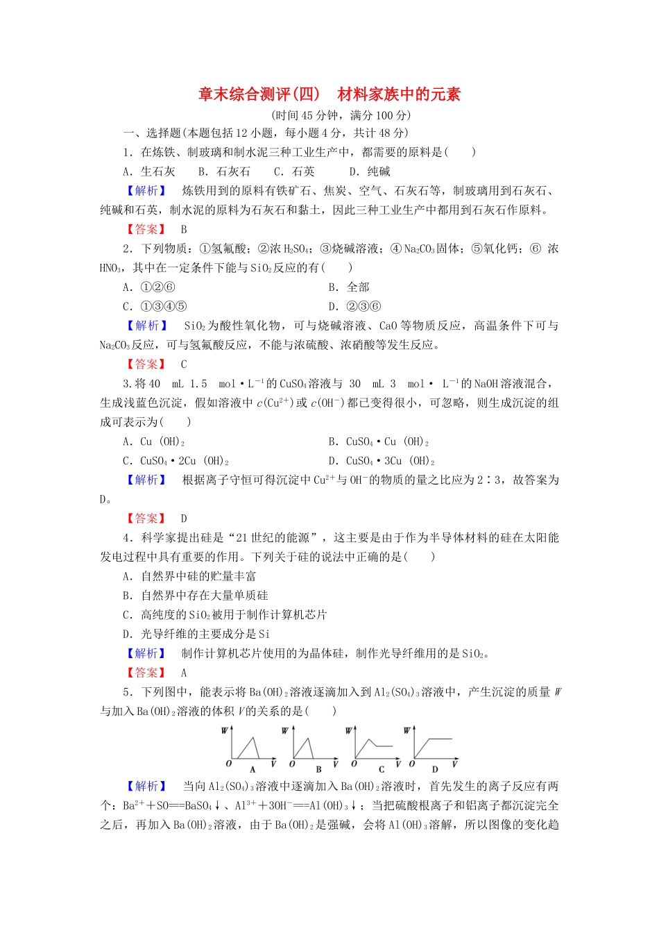高中化学 章末综合测评4 材料家族中的元素 鲁科版必修1-鲁科版高一必修1化学试题_第1页