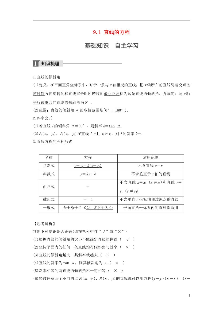 （江苏专用）高考数学大一轮复习 第九章 平面解析几何 9.1 直线的方程教师用书 文 苏教版-苏教版高三全册数学试题_第1页