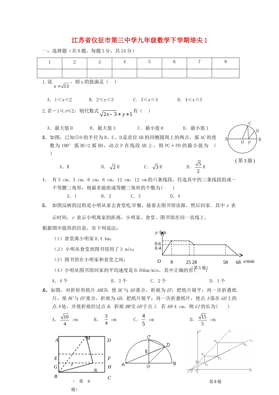 九年级数学下学期培尖1 苏科版试卷_第1页
