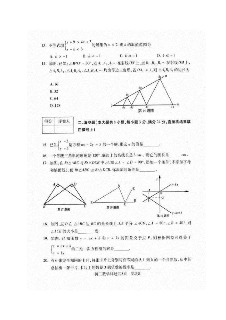 山东省泰安市泰山区七年级数学下学期期末学情检测试卷新人教版五四制试卷_第3页