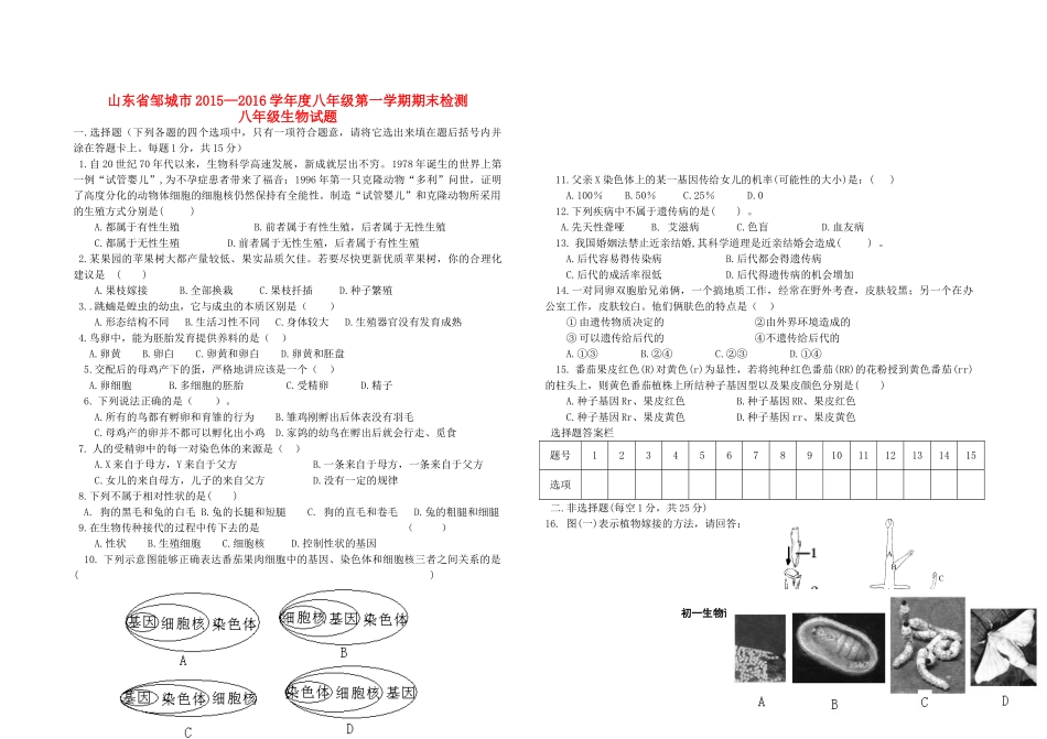 山东省邹城市 八年级生物上学期期末检测 济南版试卷_第1页