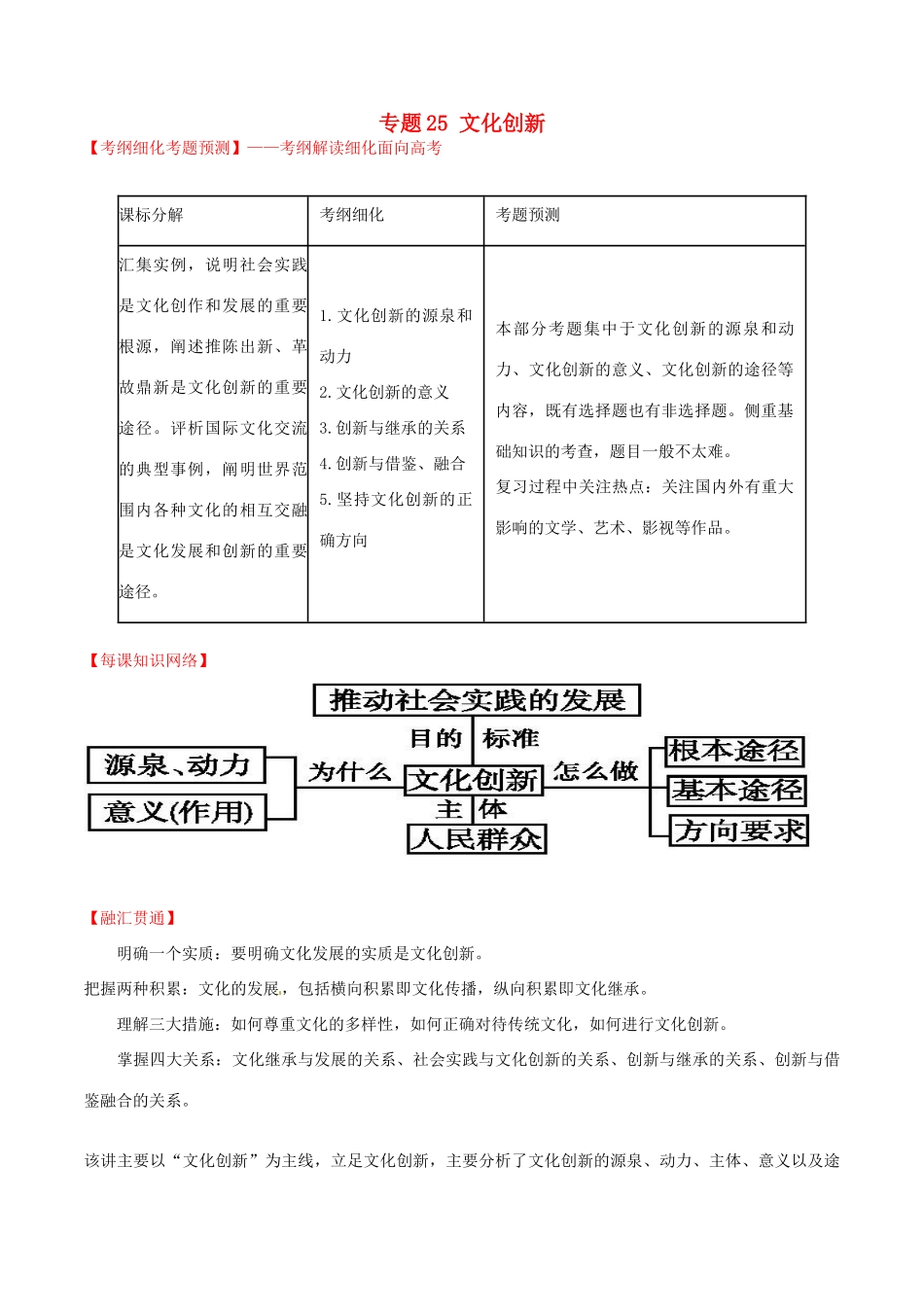 （讲练测）高考政治一轮复习 专题25 文化创新（讲）（含解析）新人教版必修3-新人教版高三必修3政治试题_第1页
