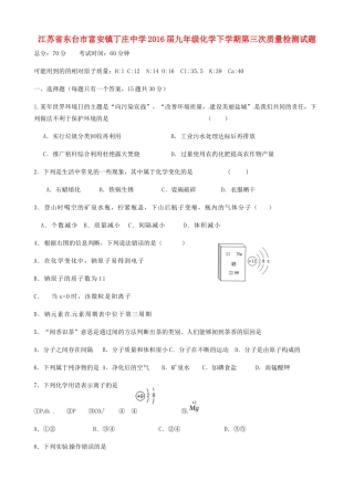 九年级化学下学期第三次质量检测试卷 沪教版试卷