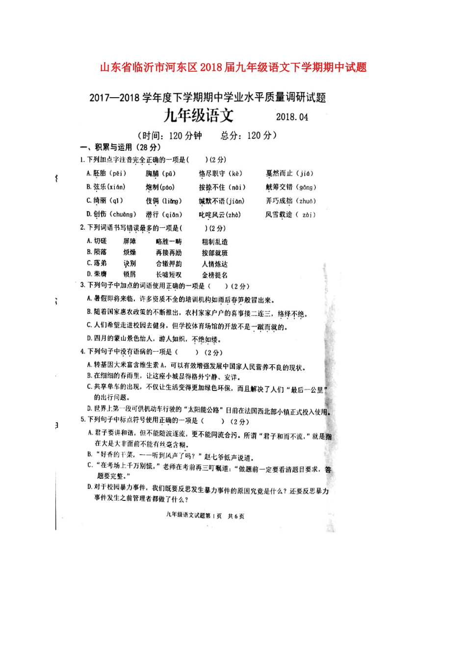 山东省临沂市河东区九年级语文下学期期中试卷试卷_第1页