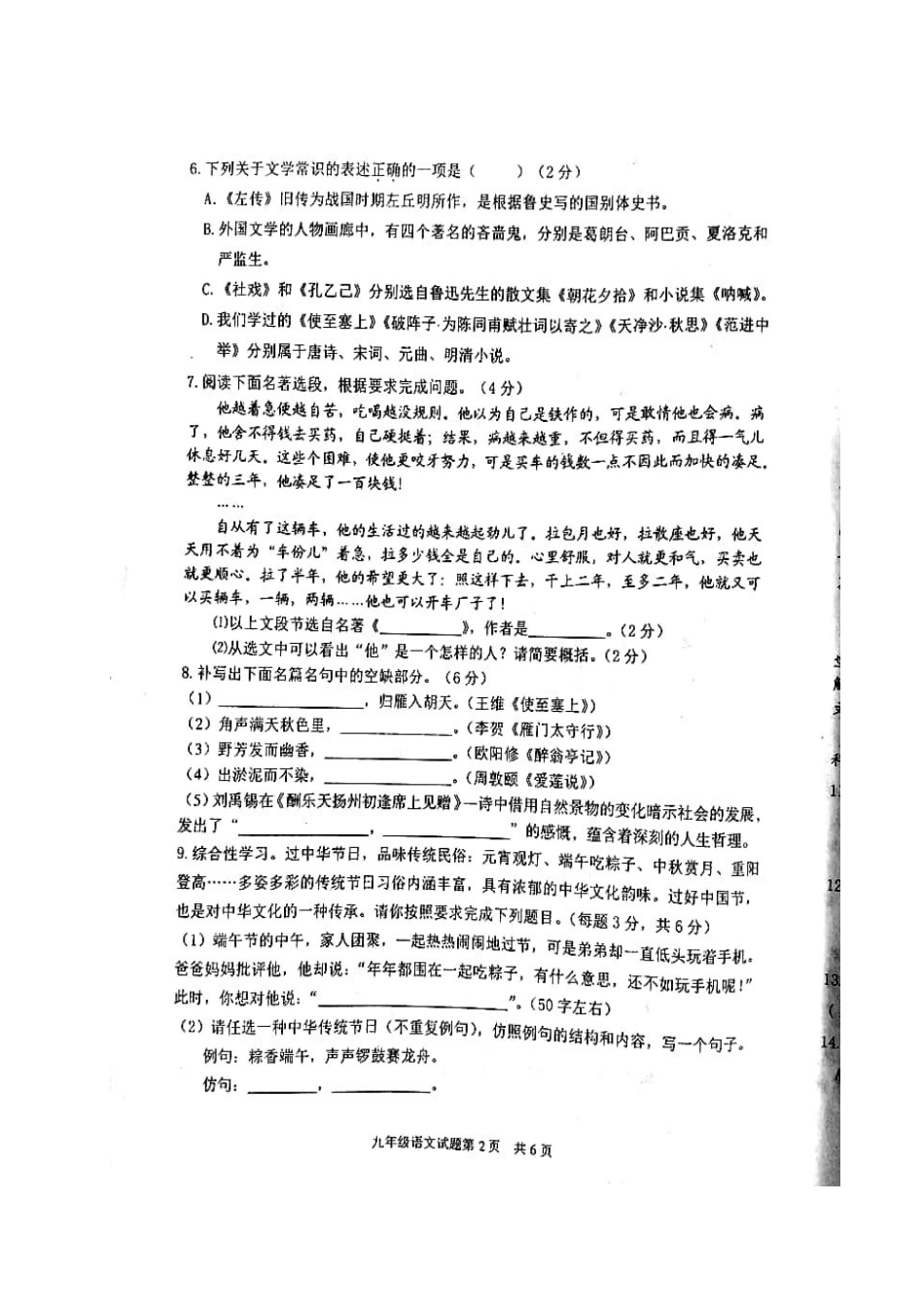 山东省临沂市河东区九年级语文下学期期中试卷试卷_第2页