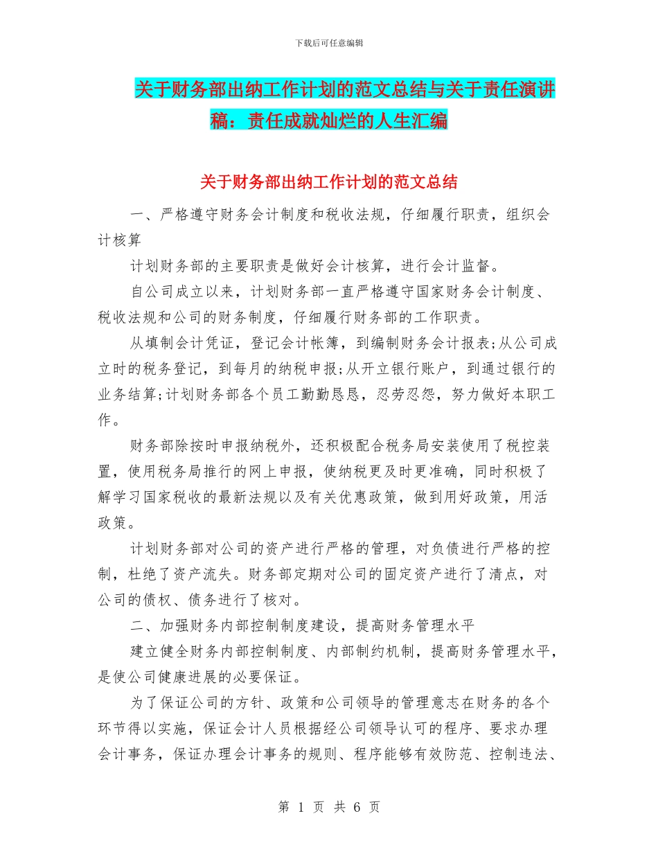 关于财务部出纳工作计划的范文总结与关于责任演讲稿：责任成就灿烂的人生汇编_第1页