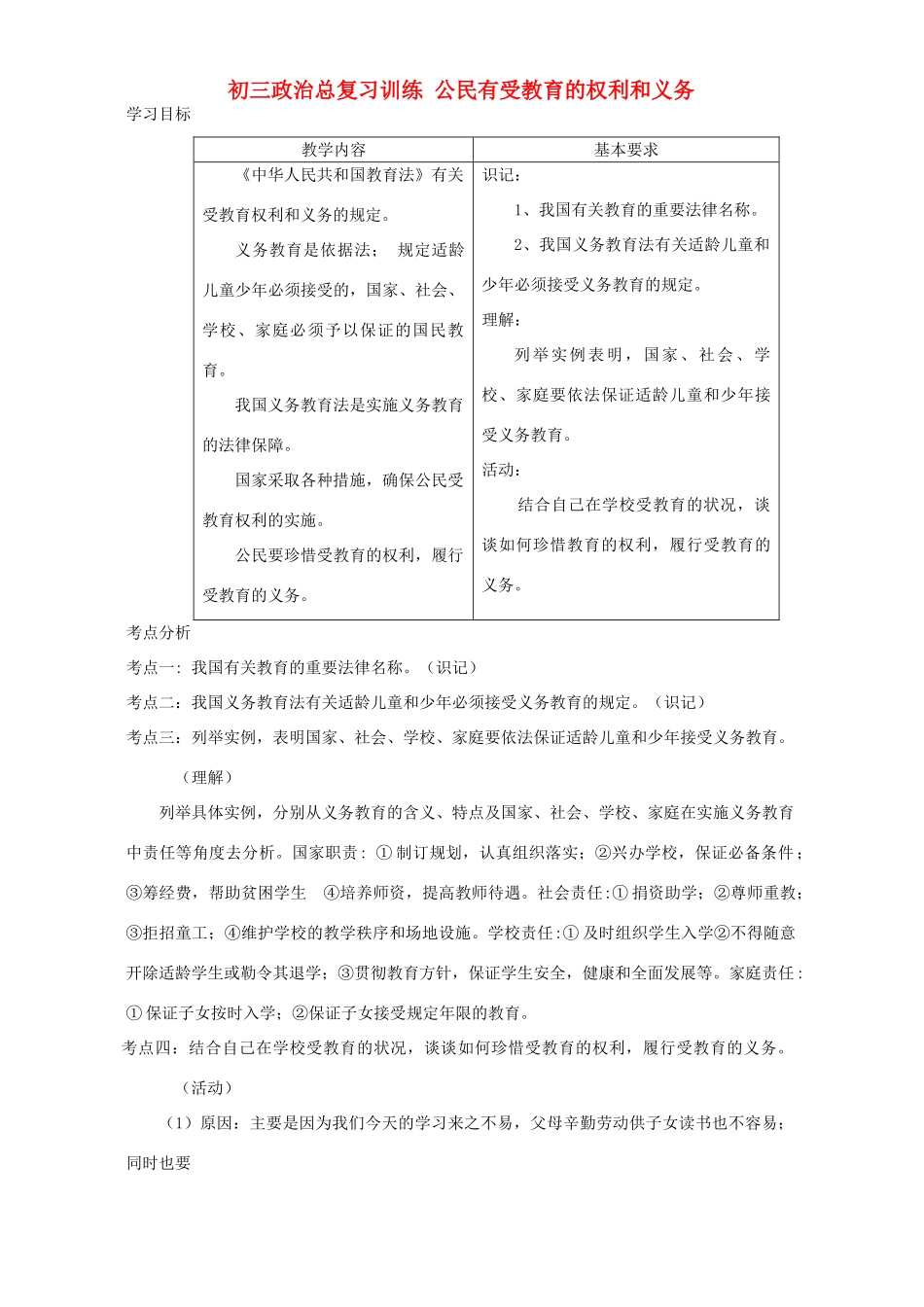 初三政治总复习训练 公民有受教育的权利和义务 人教版 试题_第1页