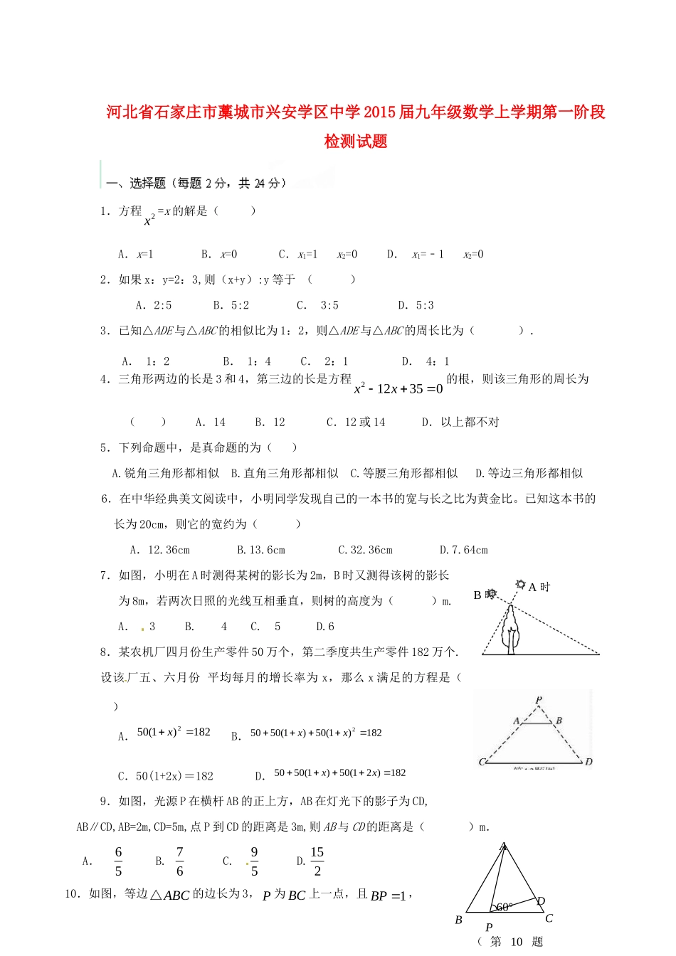 九年级数学上学期第一阶段检测试卷试卷_第1页