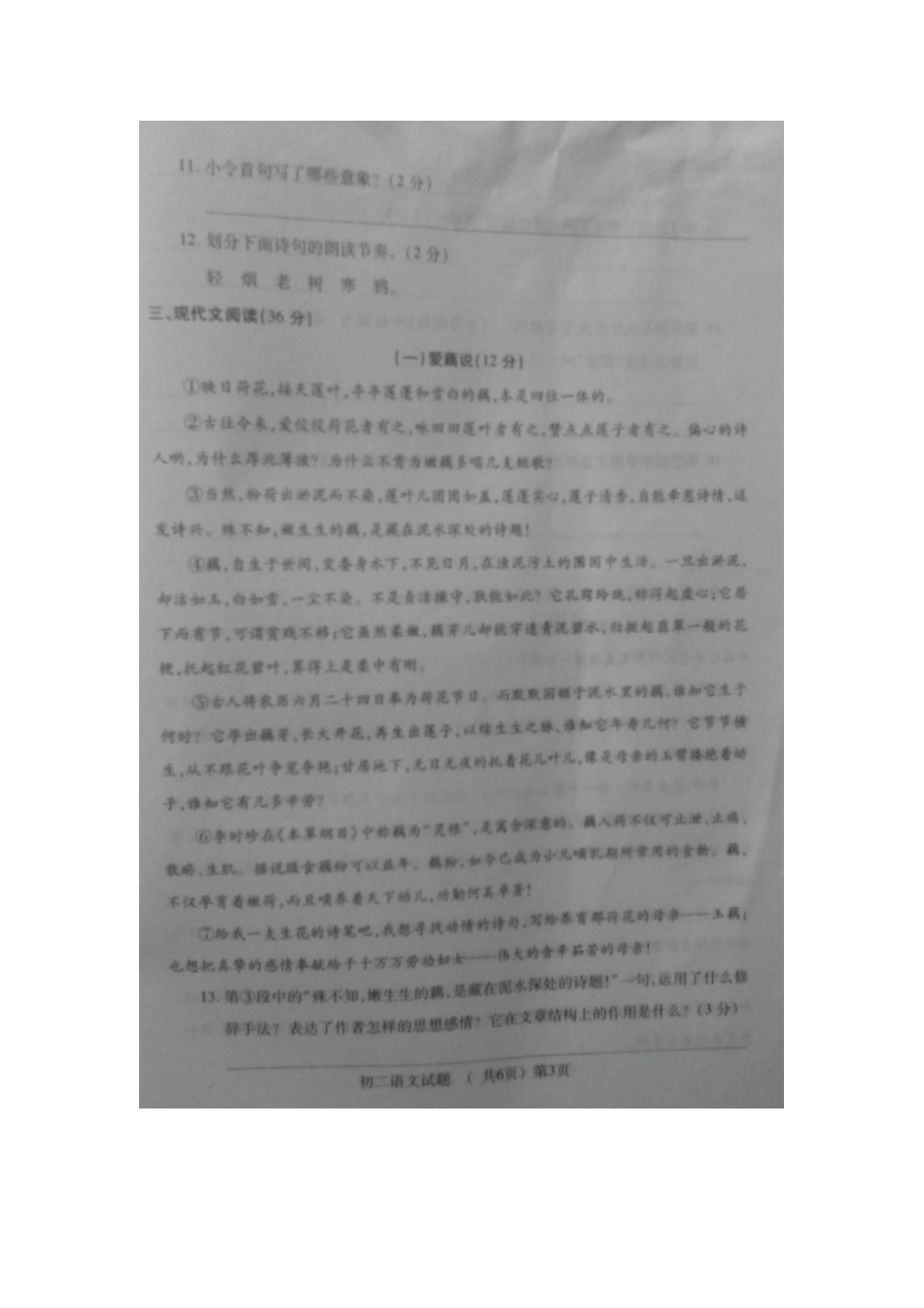山东省菏泽市郓城县 八年级语文下学期期末考试试卷北师大版试卷_第3页