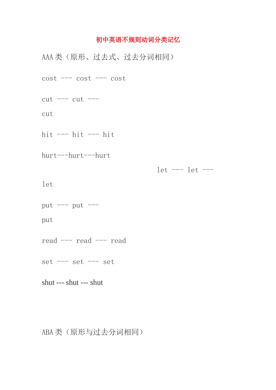 初中英语不规则动词分类记忆 试题_第1页