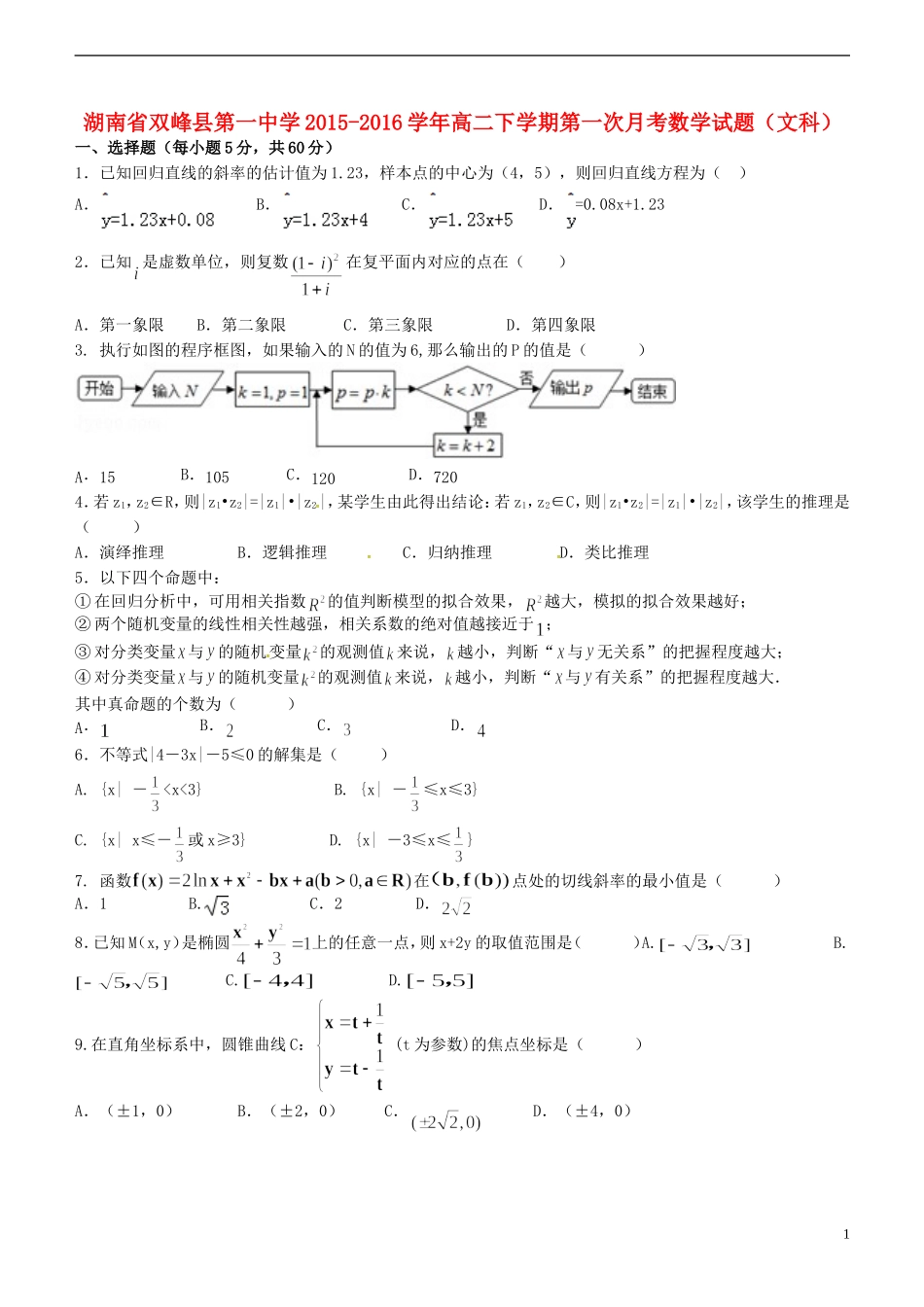 高二数学下学期第一次月考试题 文-人教版高二全册数学试题_第1页