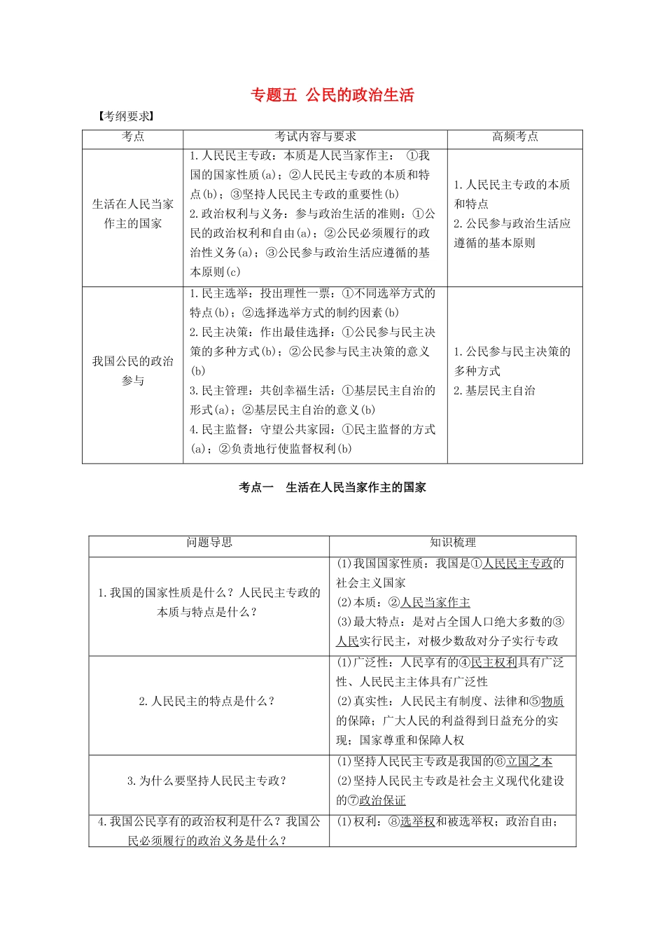 （浙江专用）高考政治二轮复习 专题五 公民的政治生活 考点一 生活在人民当家作主的国家试题-人教版高三全册政治试题_第1页