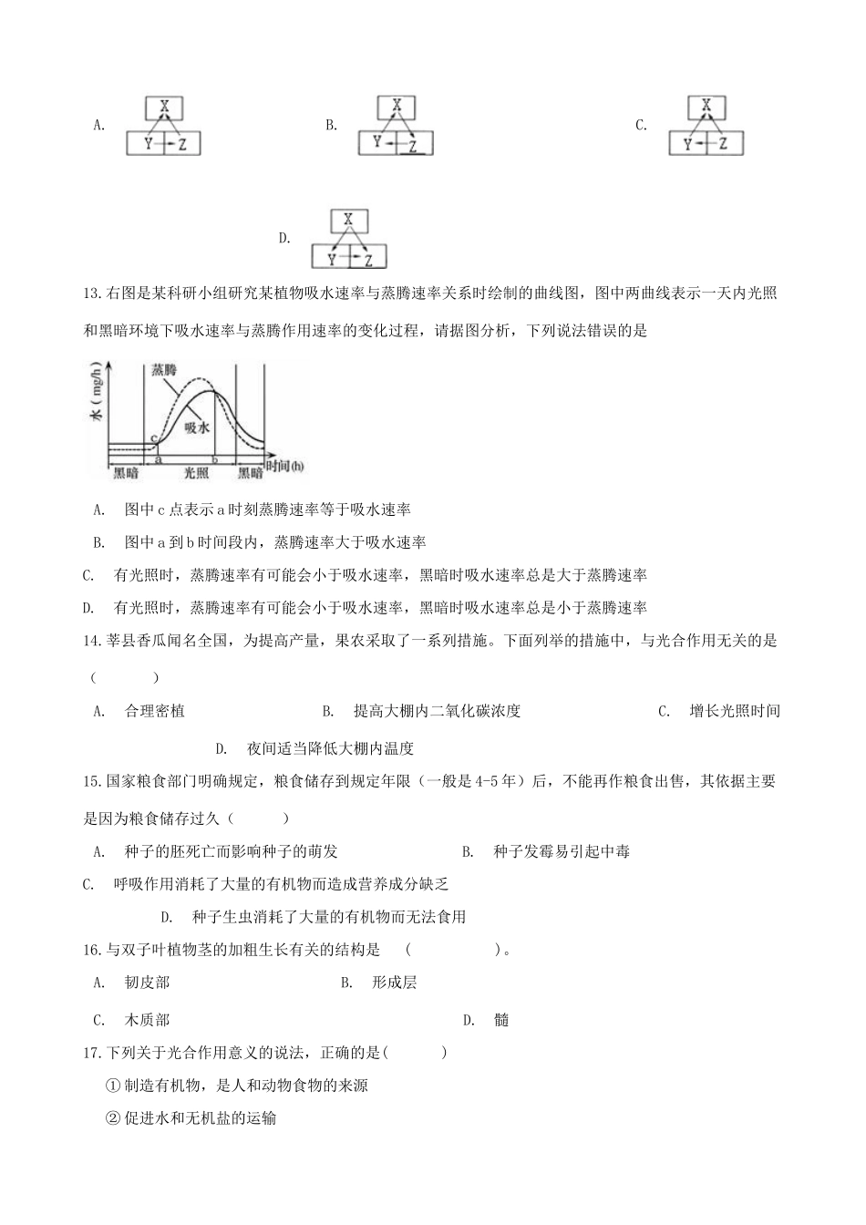 中考生物 绿色植物的生活专题复习试卷_第3页