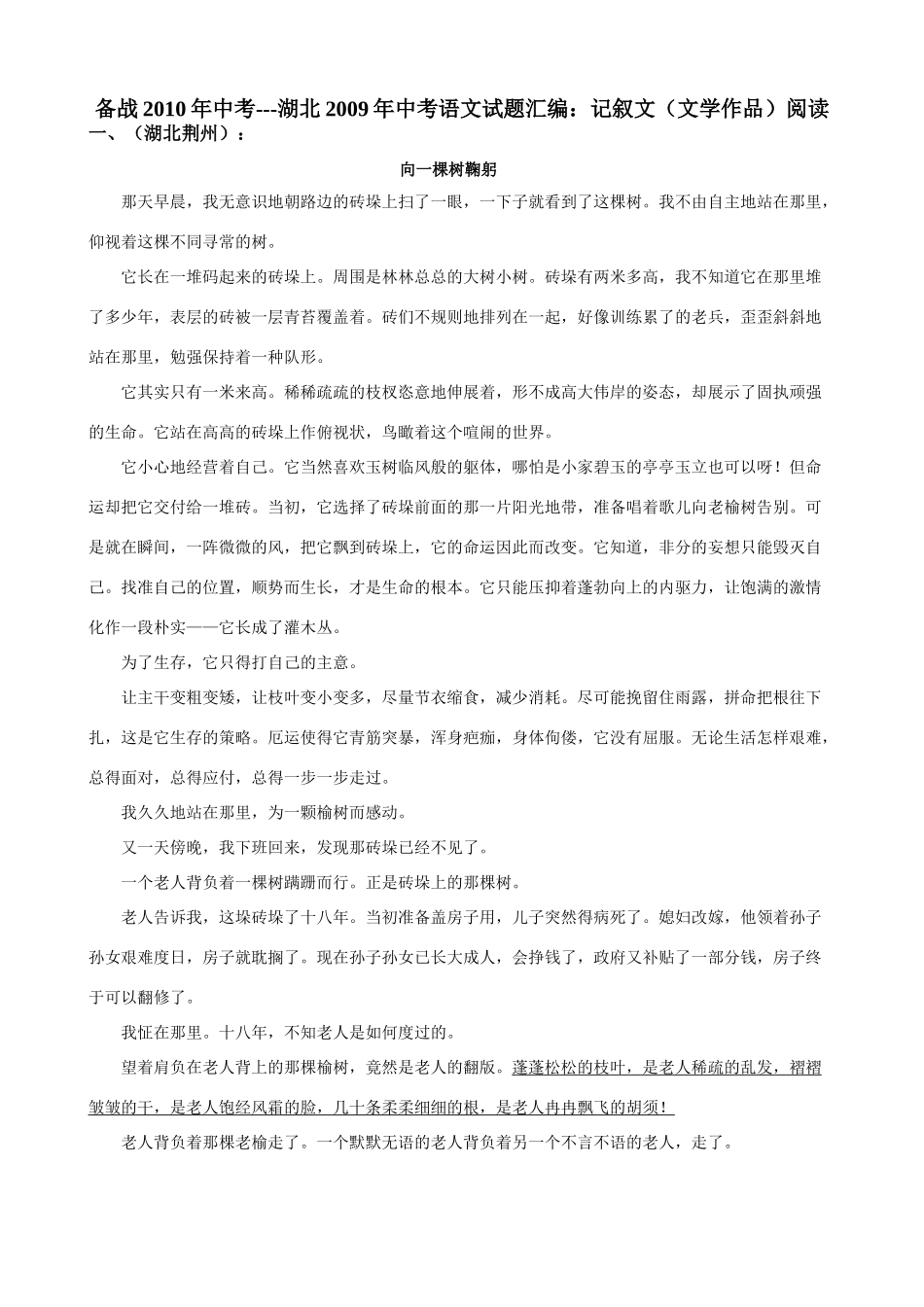 中考语文试卷汇编：记叙文(文学作品)阅读试卷_第1页