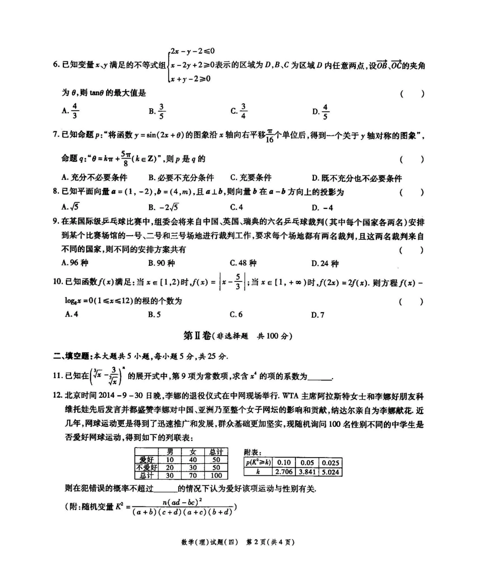 安徽省高考数学4月模拟卷(四) 理试卷_第2页