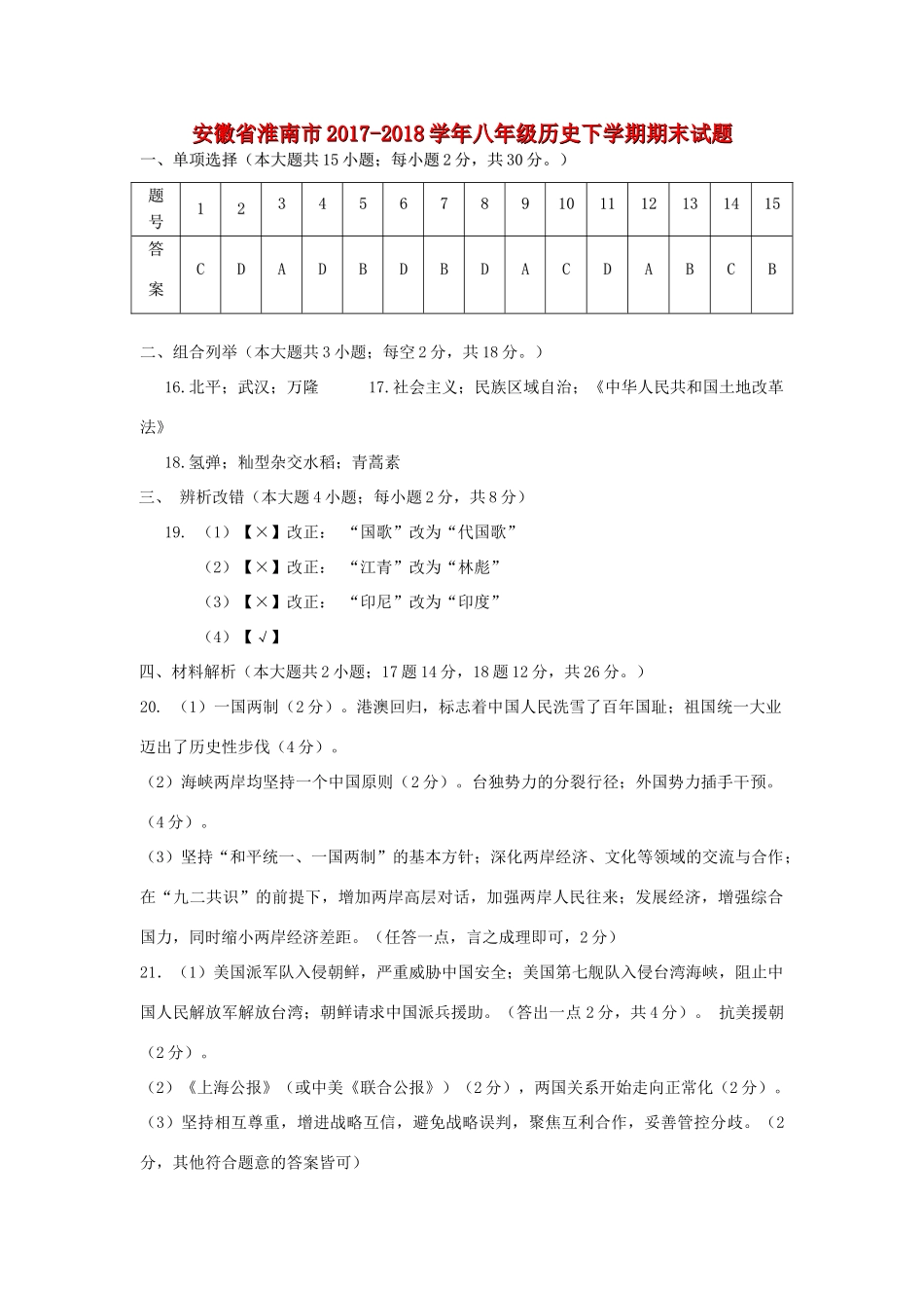 安徽省淮南市八年级历史下学期期末试卷答案 新人教版 安徽省淮南市八年级历史下学期期末试卷(pdf) 新人教版 安徽省淮南市八年级历史下学期期末试卷(pdf) 新人教版_第1页