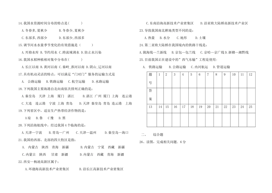 山东省惠民县 八年级地理上学期第三次月考试卷 新人教版试卷_第2页