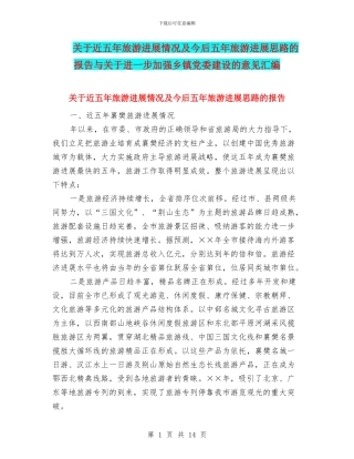 关于近五年旅游发展情况及今后五年旅游发展思路的报告与关于进一步加强乡镇党委建设的意见汇编