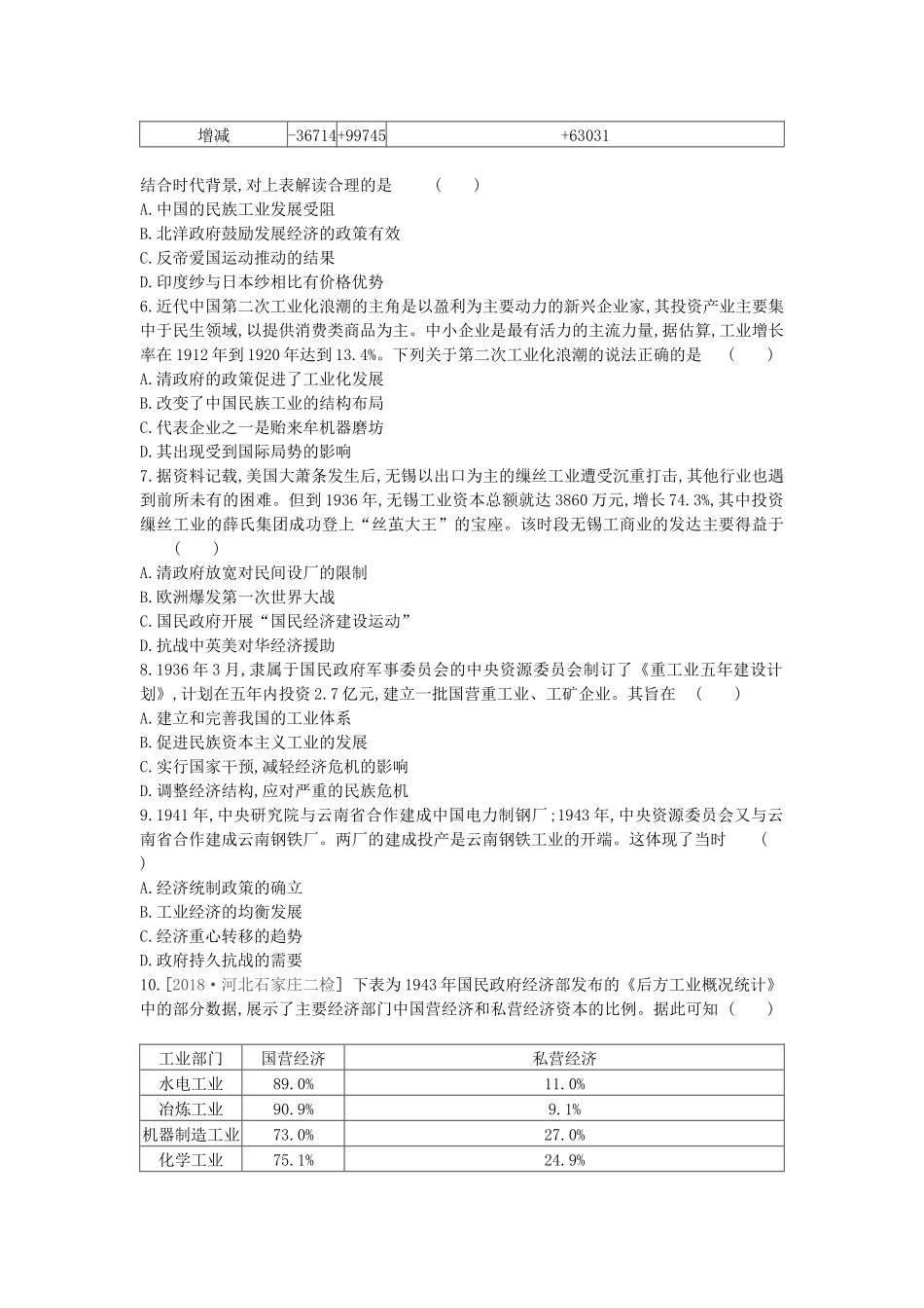 （全品复习方案）高考历史一轮复习 第9单元 近代中国经济结构的变动与资本主义的曲折发展 第28讲 中国民族资本主义的曲折发展课时作业（含解析）新人教版-新人教版高三全册历史试题_第2页