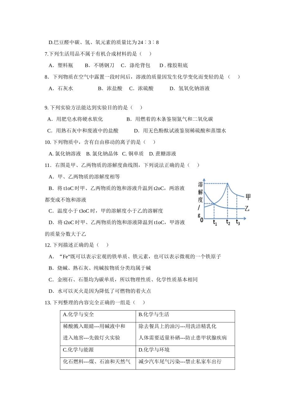 中考理综(化学部分)第四次月考试卷试卷_第2页